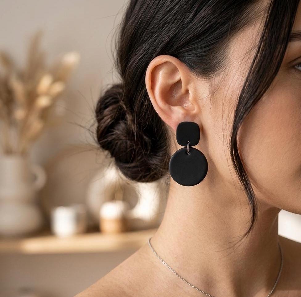 Matte Black Geometric Dangle Earrings | Lightweight Polymer Clay Statement Jewelry