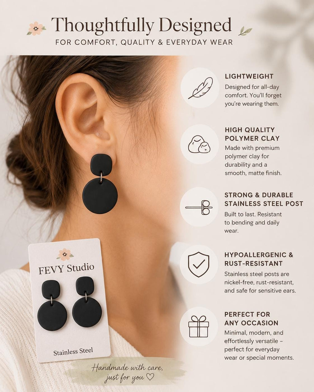 Matte Black Geometric Dangle Earrings | Lightweight Polymer Clay Statement Jewelry