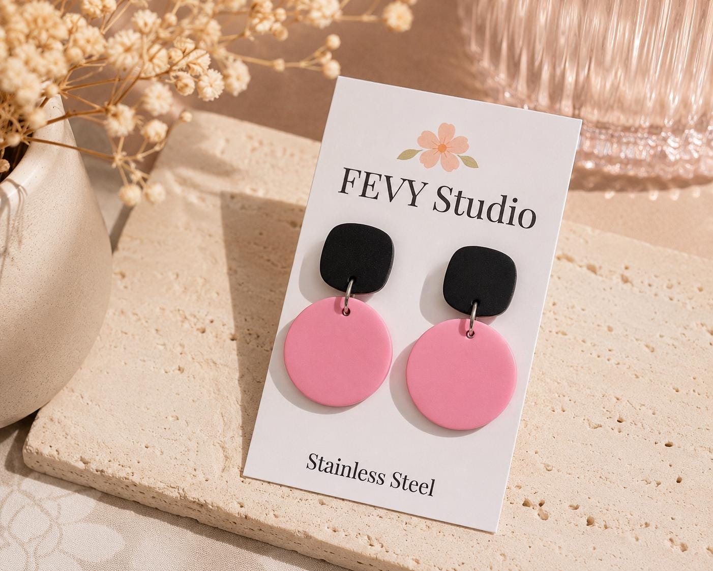 Pink Black Polymer Clay Dangle Earrings, Minimalist Modern Statement Jewelry