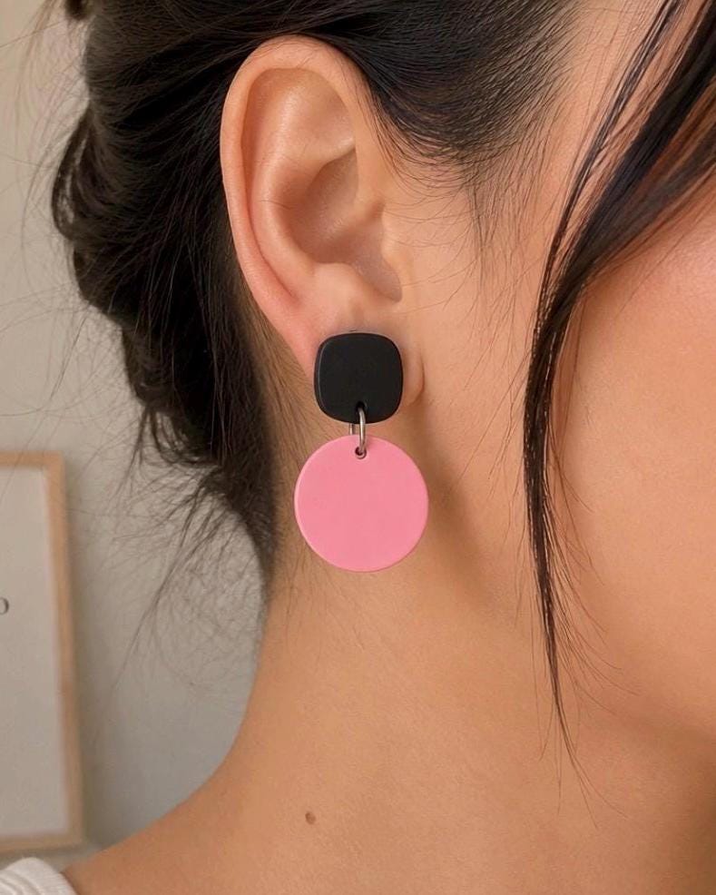 Pink Black Polymer Clay Dangle Earrings, Minimalist Modern Statement Jewelry