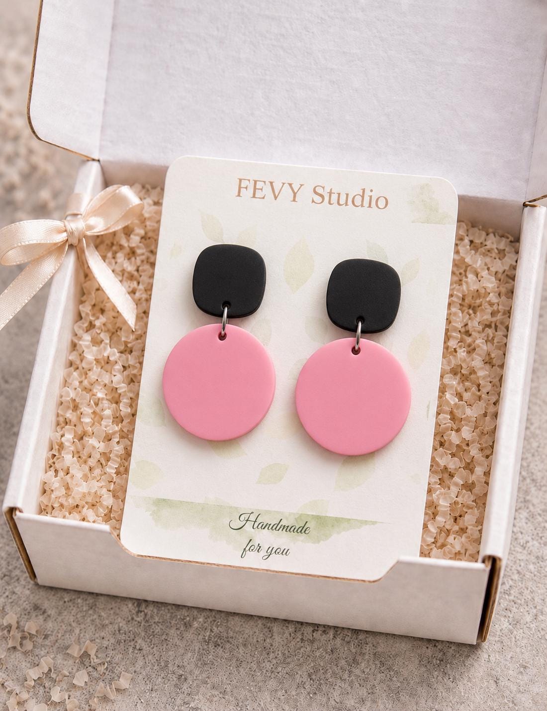 Pink Black Polymer Clay Dangle Earrings, Minimalist Modern Statement Jewelry