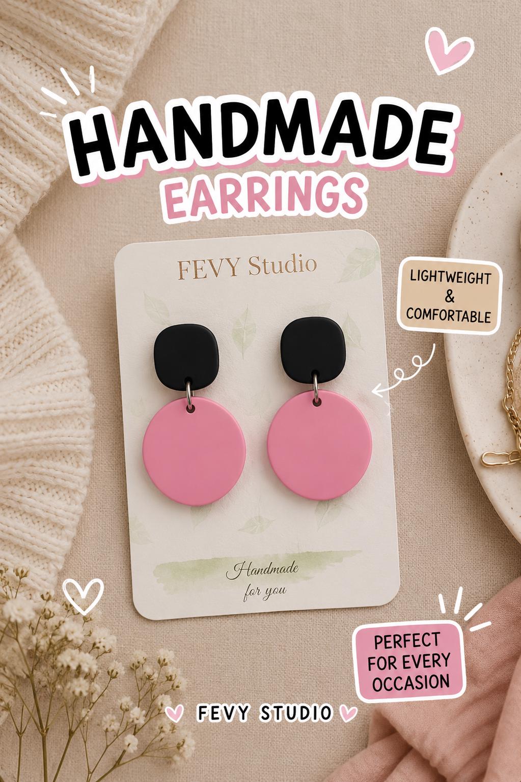 Pink Black Polymer Clay Dangle Earrings, Minimalist Modern Statement Jewelry