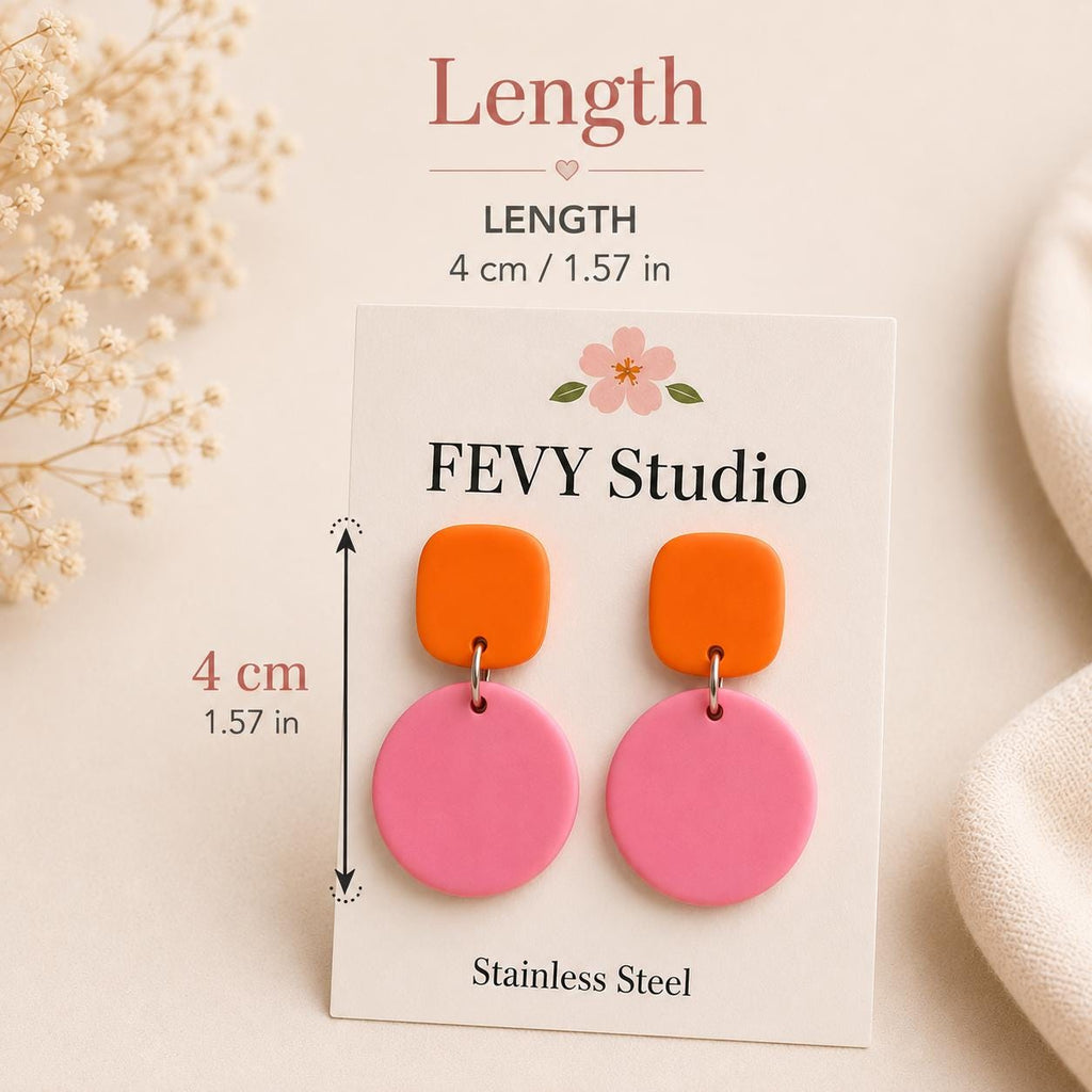 Pink Orange Statement Earrings | Color Block Polymer Clay Earrings | Modern Dangle Earrings | Lightweight Earrings | Stainless Steel Posts