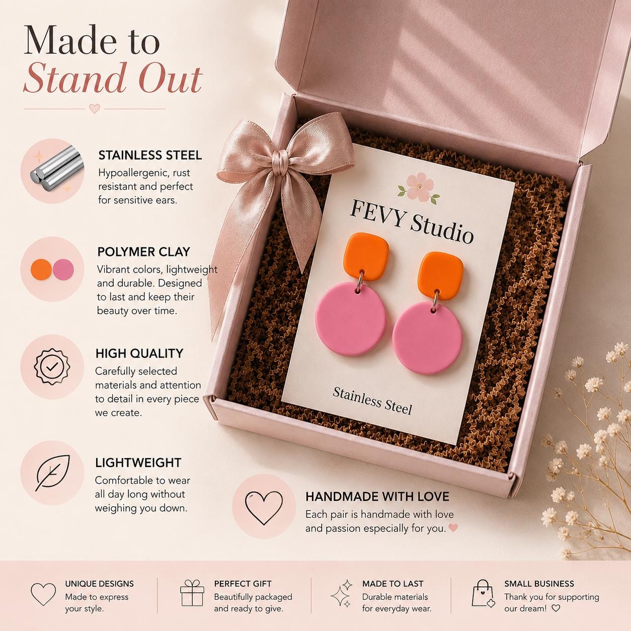 Pink Orange Statement Earrings | Color Block Polymer Clay Earrings | Modern Dangle Earrings | Lightweight Earrings | Stainless Steel Posts
