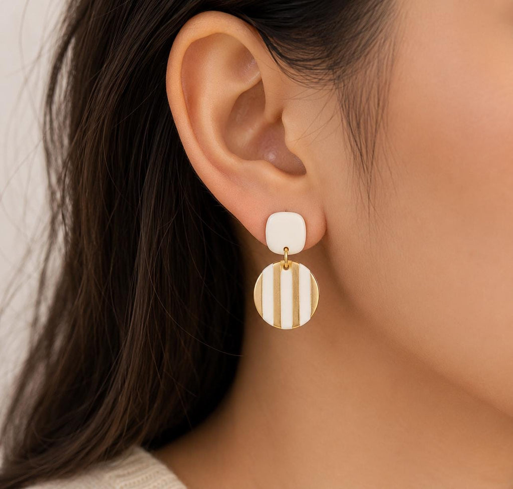 Handmade Ivory Gold Polymer Clay Dangle Earrings | Lightweight Boho Statement Jewelry
