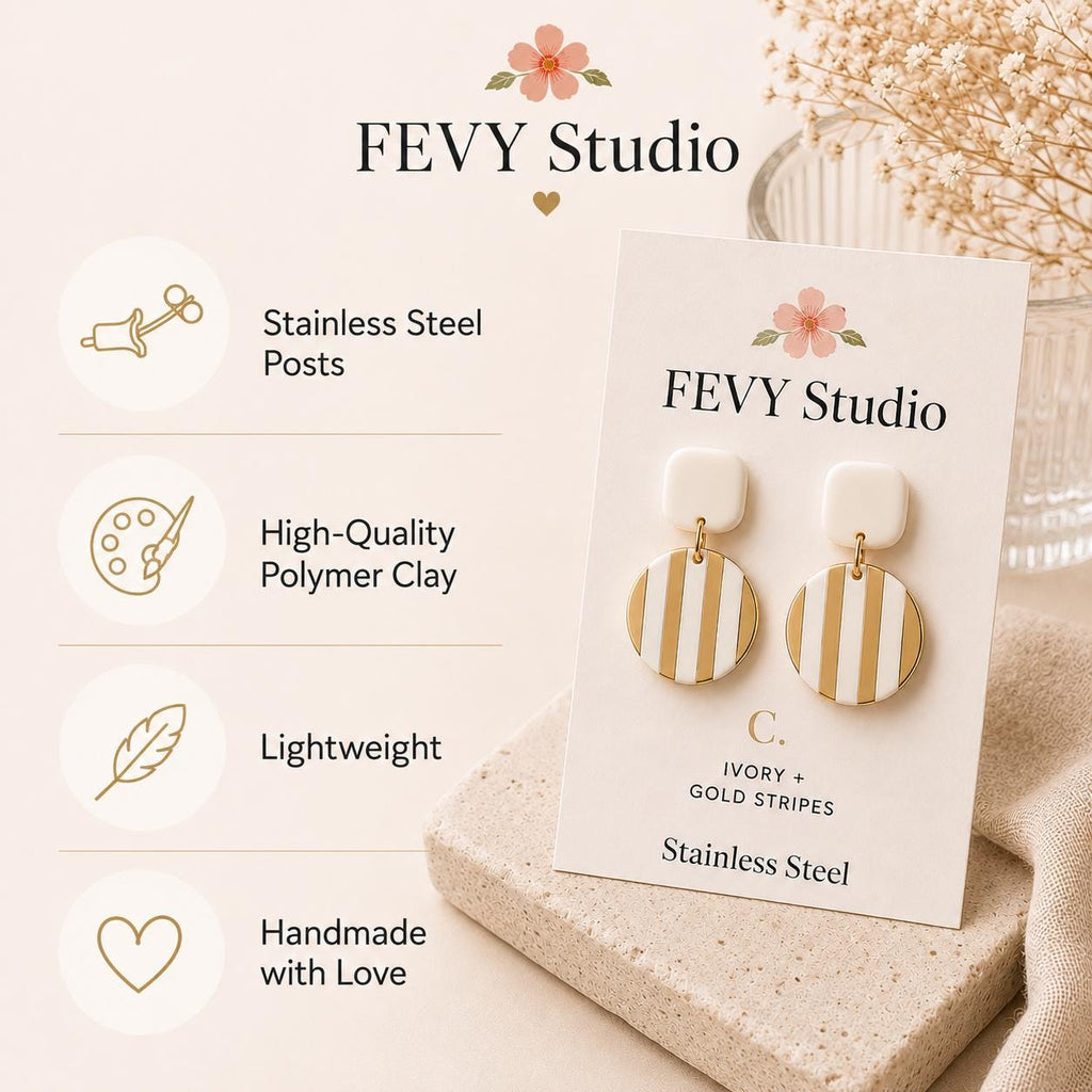 Handmade Ivory Gold Polymer Clay Dangle Earrings | Lightweight Boho Statement Jewelry