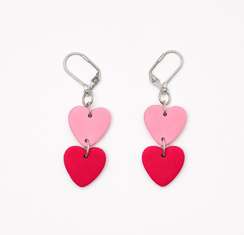 Pink Hot Pink Heart Dangle Earrings | Polymer Clay, Stainless Steel, Handmade Jewelry