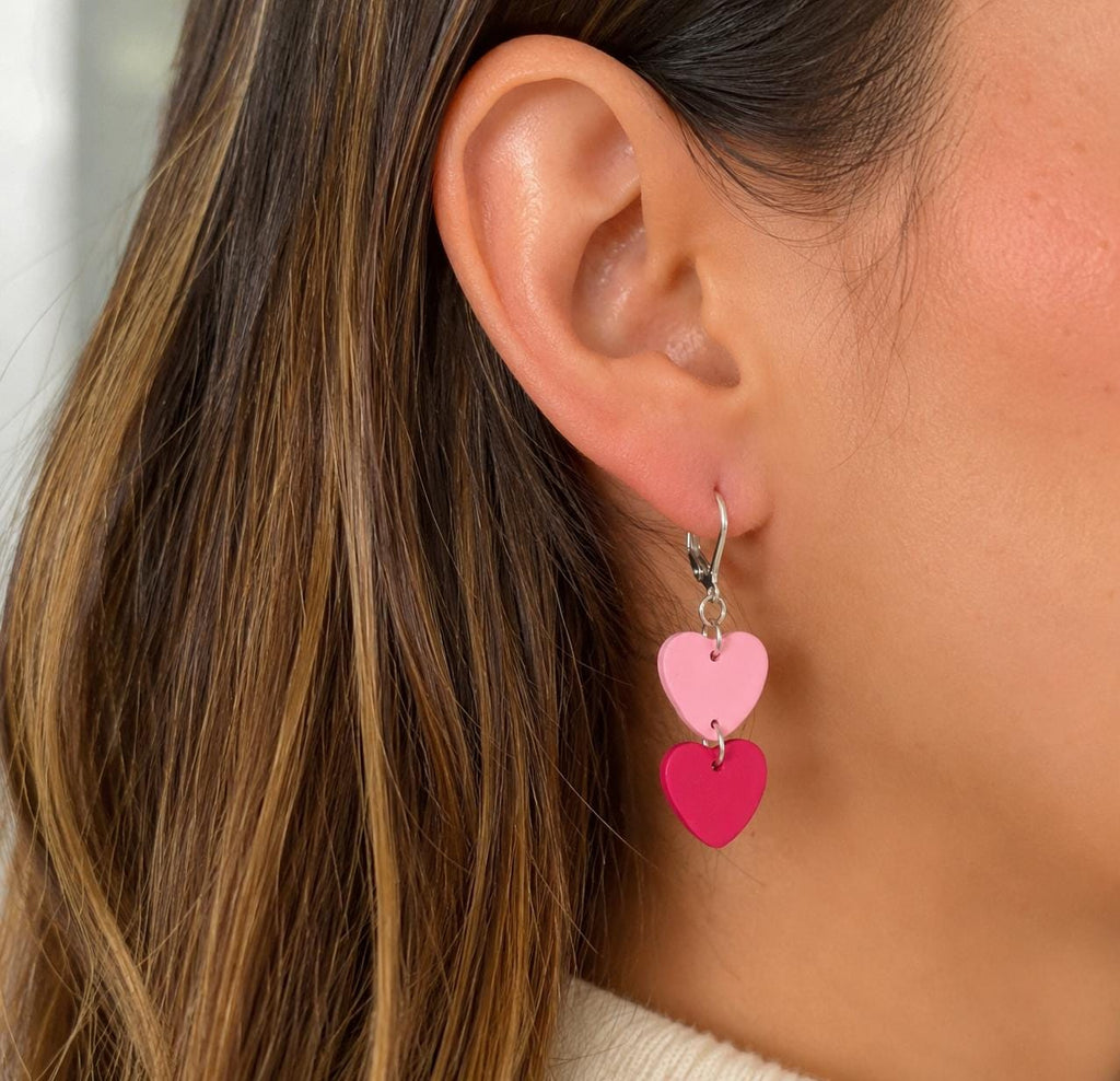 Pink Hot Pink Heart Dangle Earrings | Polymer Clay, Stainless Steel, Handmade Jewelry