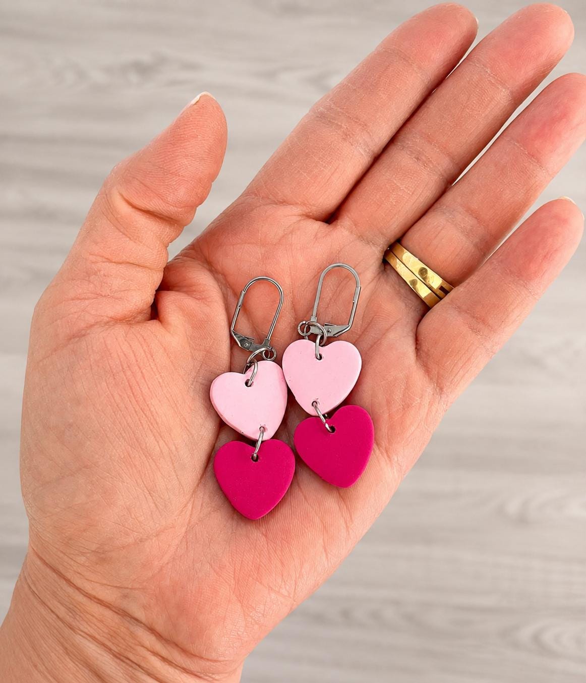 Pink Hot Pink Heart Dangle Earrings | Polymer Clay, Stainless Steel, Handmade Jewelry