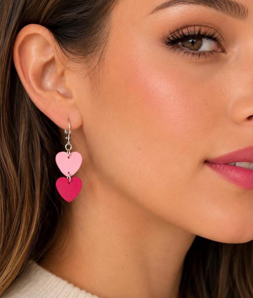 Pink Hot Pink Heart Dangle Earrings | Polymer Clay, Stainless Steel, Handmade Jewelry