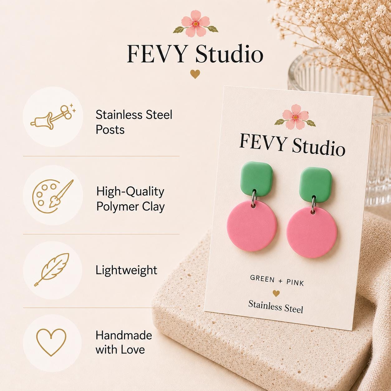 Pink & Mint Green Polymer Clay Earrings | Colorful Dangle Earrings | Lightweight Statement Earrings | Stainless Steel Posts