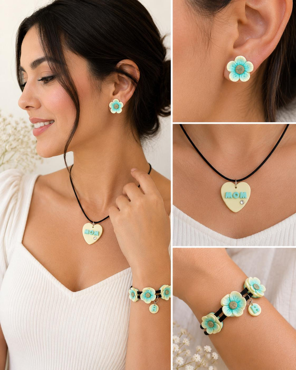 Handmade Polymer Clay Flower Jewelry Set, Personalized Necklace Earrings Bracelet