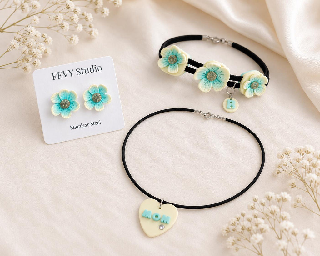Handmade Polymer Clay Flower Jewelry Set, Personalized Necklace Earrings Bracelet