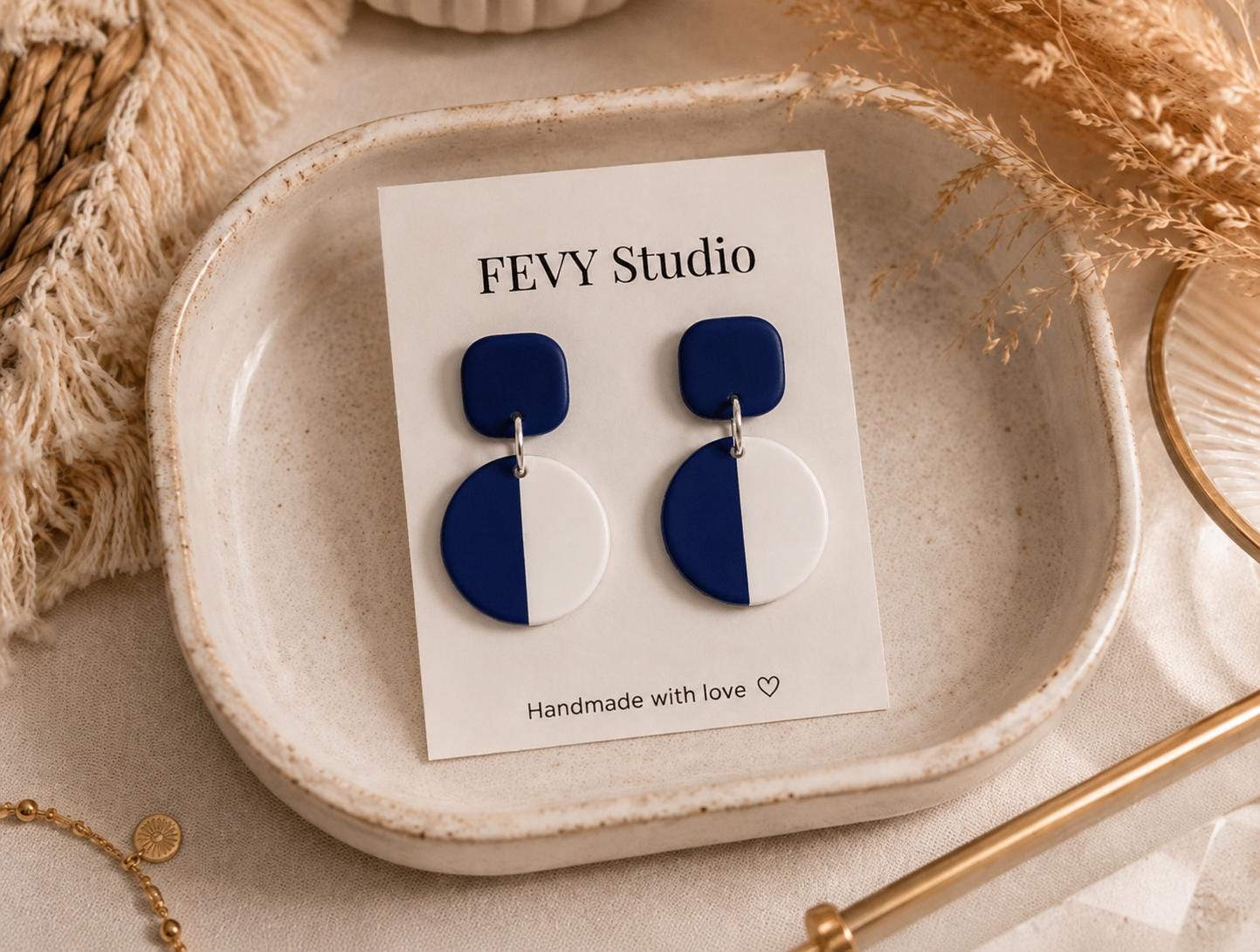 Navy Blue White Geometric Clay Earrings | Minimalist Modern Statement Dangles
