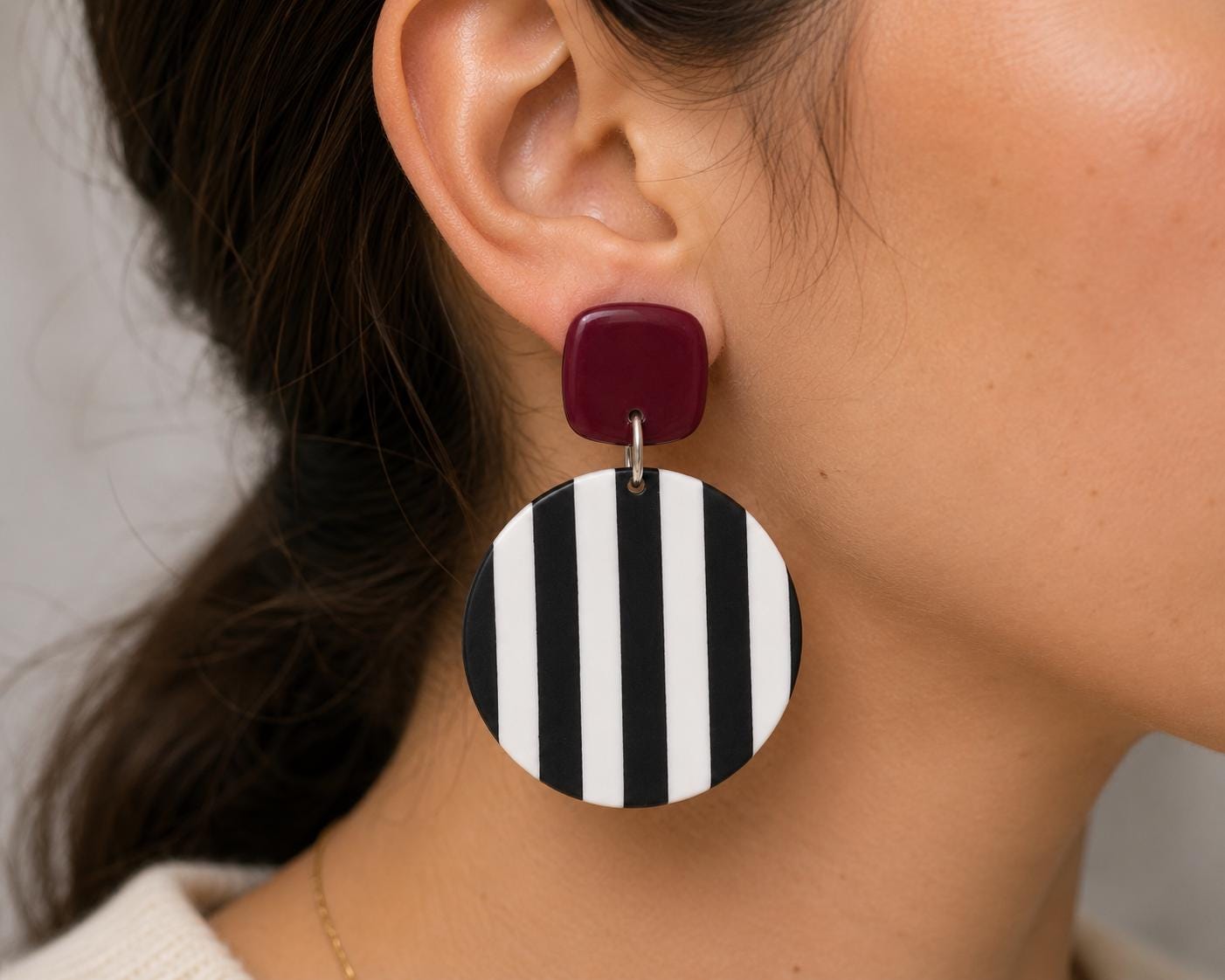 Burgundy Black Stripe Polymer Clay Earrings | Modern Dangle Statement Jewelry