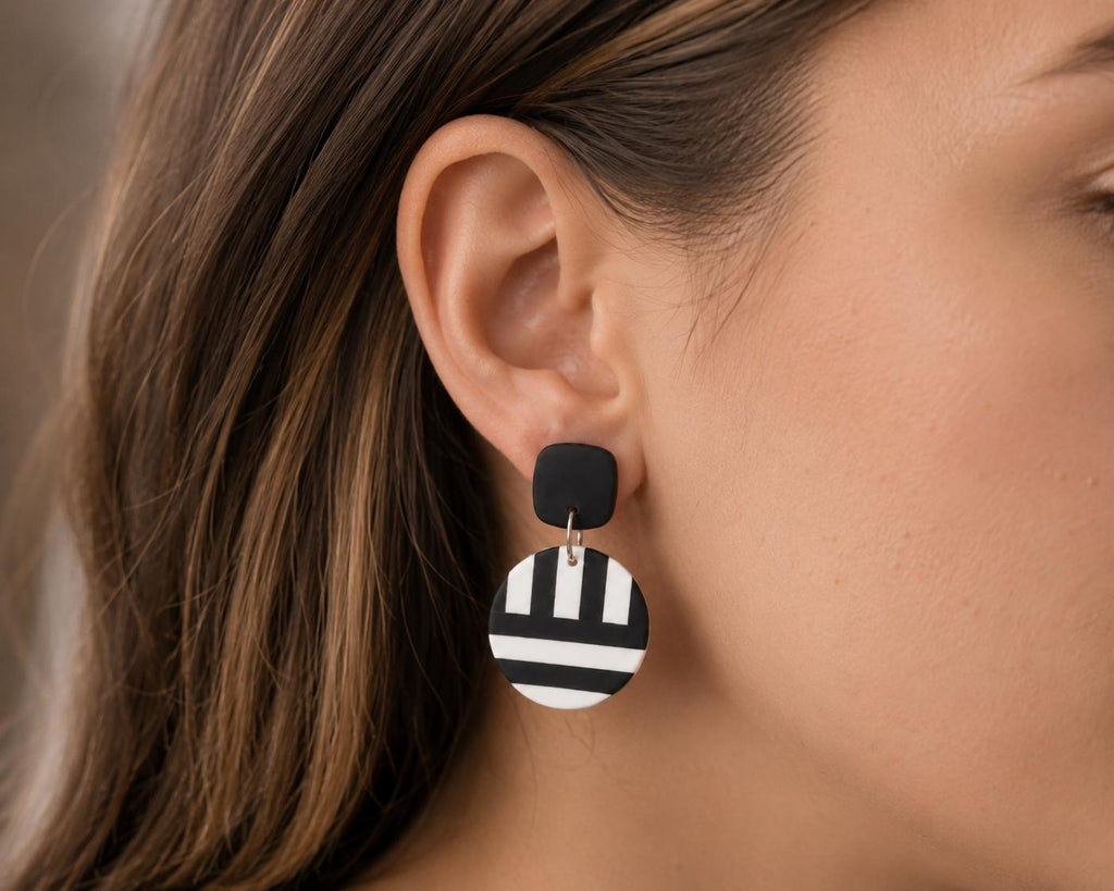 Black and White Earrings, Geometric Polymer Clay Earrings, Modern Dangle Earrings, Statement Jewelry, Minimalist Gift for Her