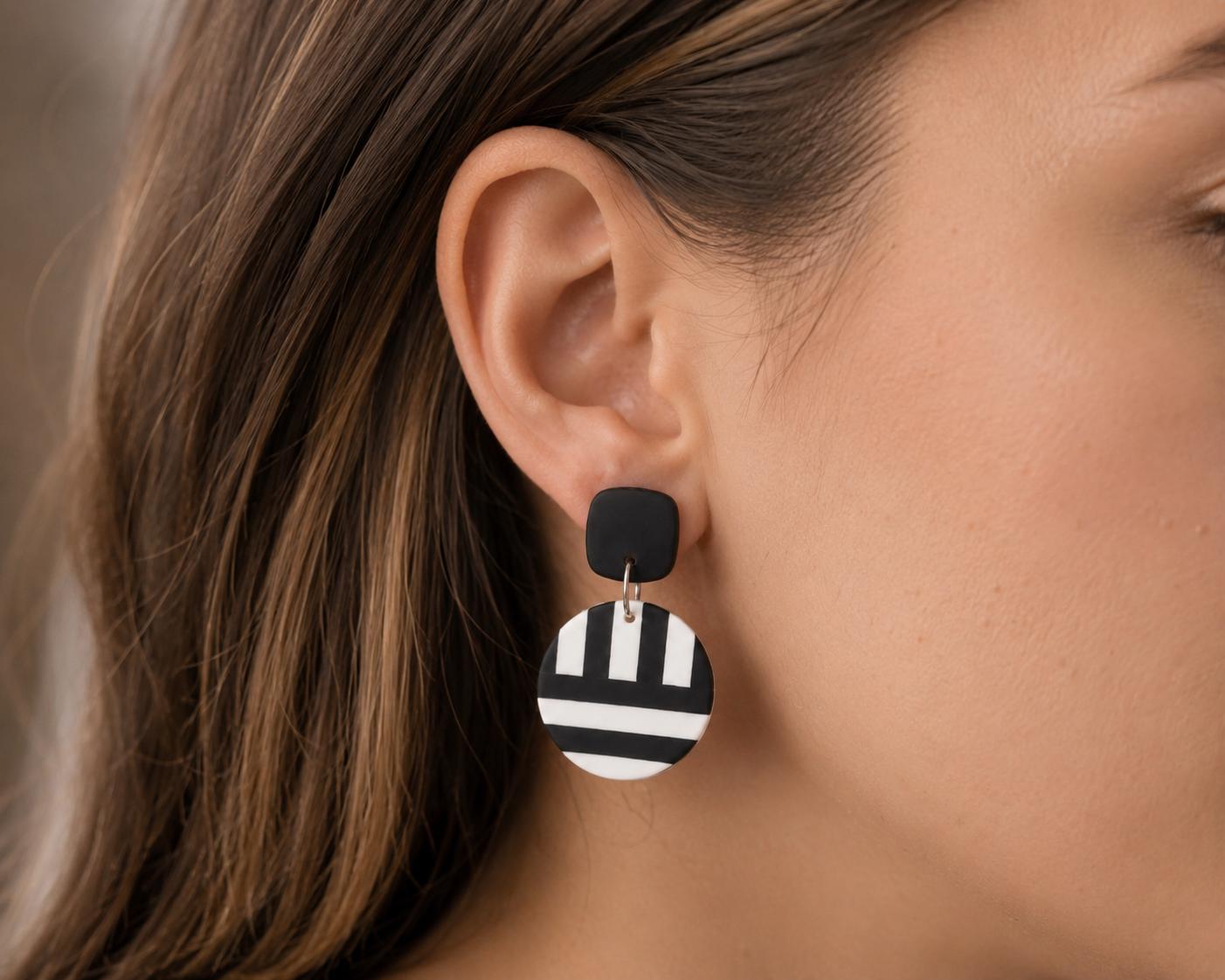 Black and White Earrings, Geometric Polymer Clay Earrings, Modern Dangle Earrings, Statement Jewelry, Minimalist Gift for Her