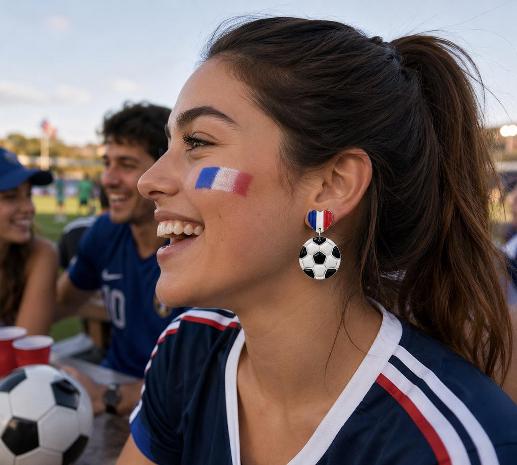 France Soccer Earrings – French Flag Heart Earrings with Soccer Ball Charm – Handmade Polymer Clay Fan Earrings – Lightweight Statement