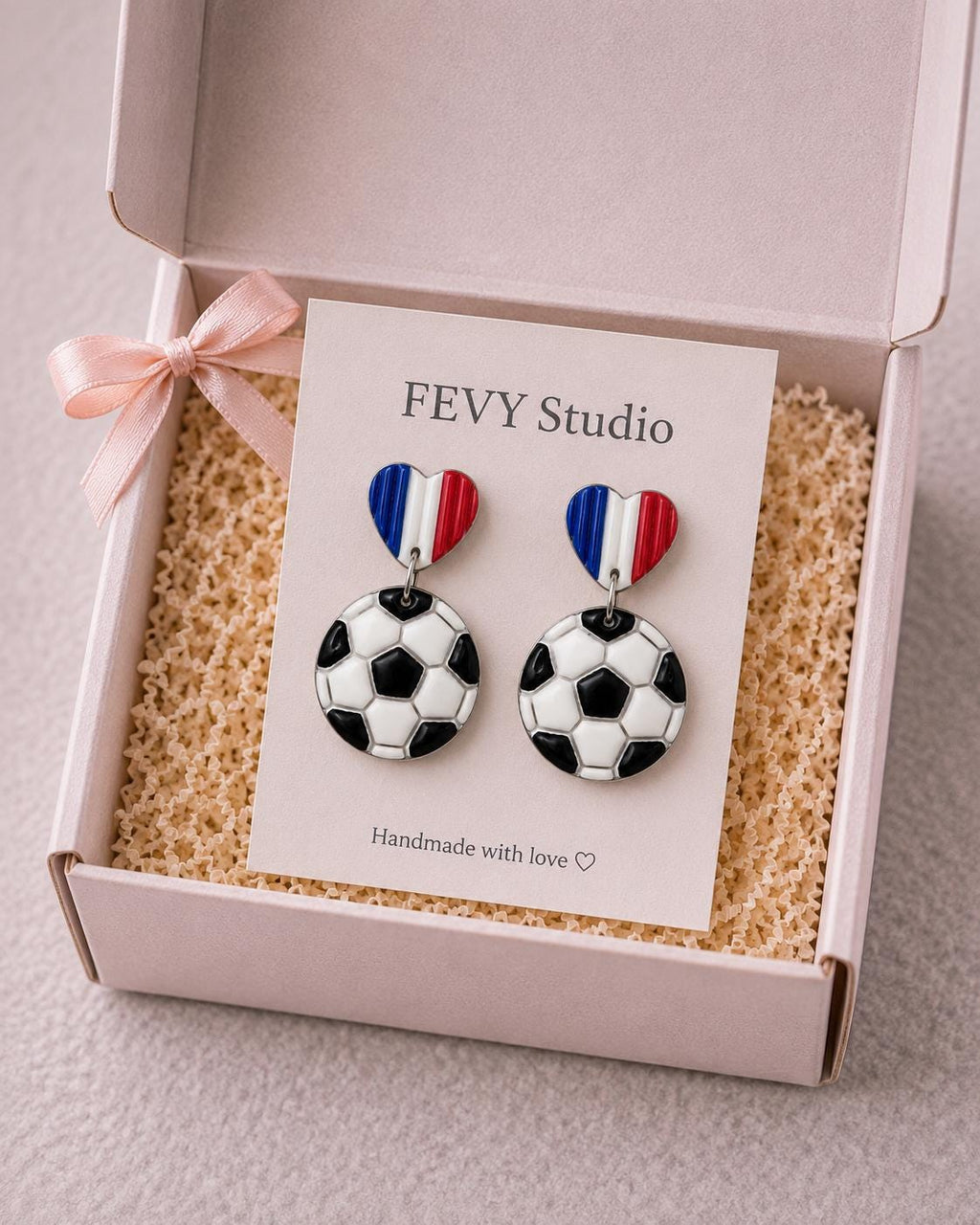 France Soccer Earrings – French Flag Heart Earrings with Soccer Ball Charm – Handmade Polymer Clay Fan Earrings – Lightweight Statement