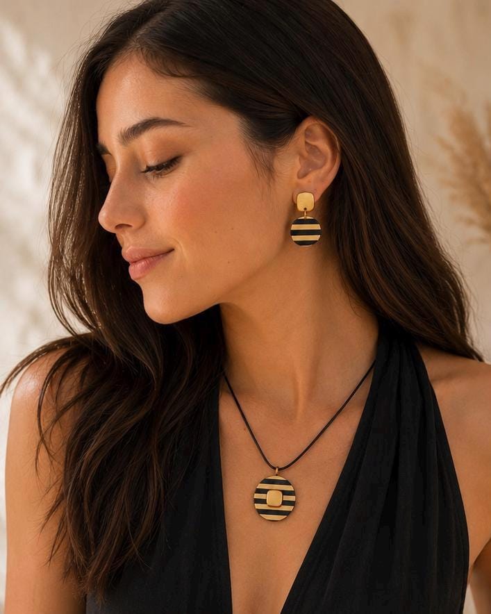 Handmade Polymer Clay Jewelry Set, Black Gold Stripe Modern Boho Necklace Earrings