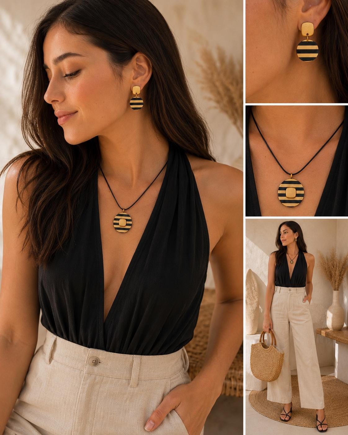 Handmade Polymer Clay Jewelry Set, Black Gold Stripe Modern Boho Necklace Earrings