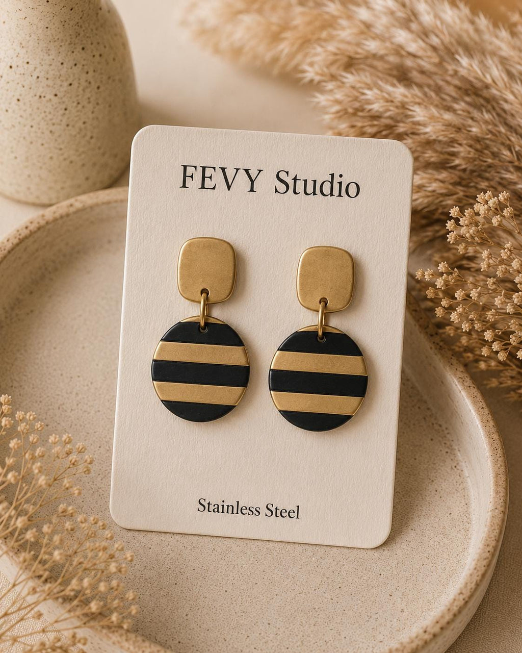 Handmade Polymer Clay Jewelry Set, Black Gold Stripe Modern Boho Necklace Earrings