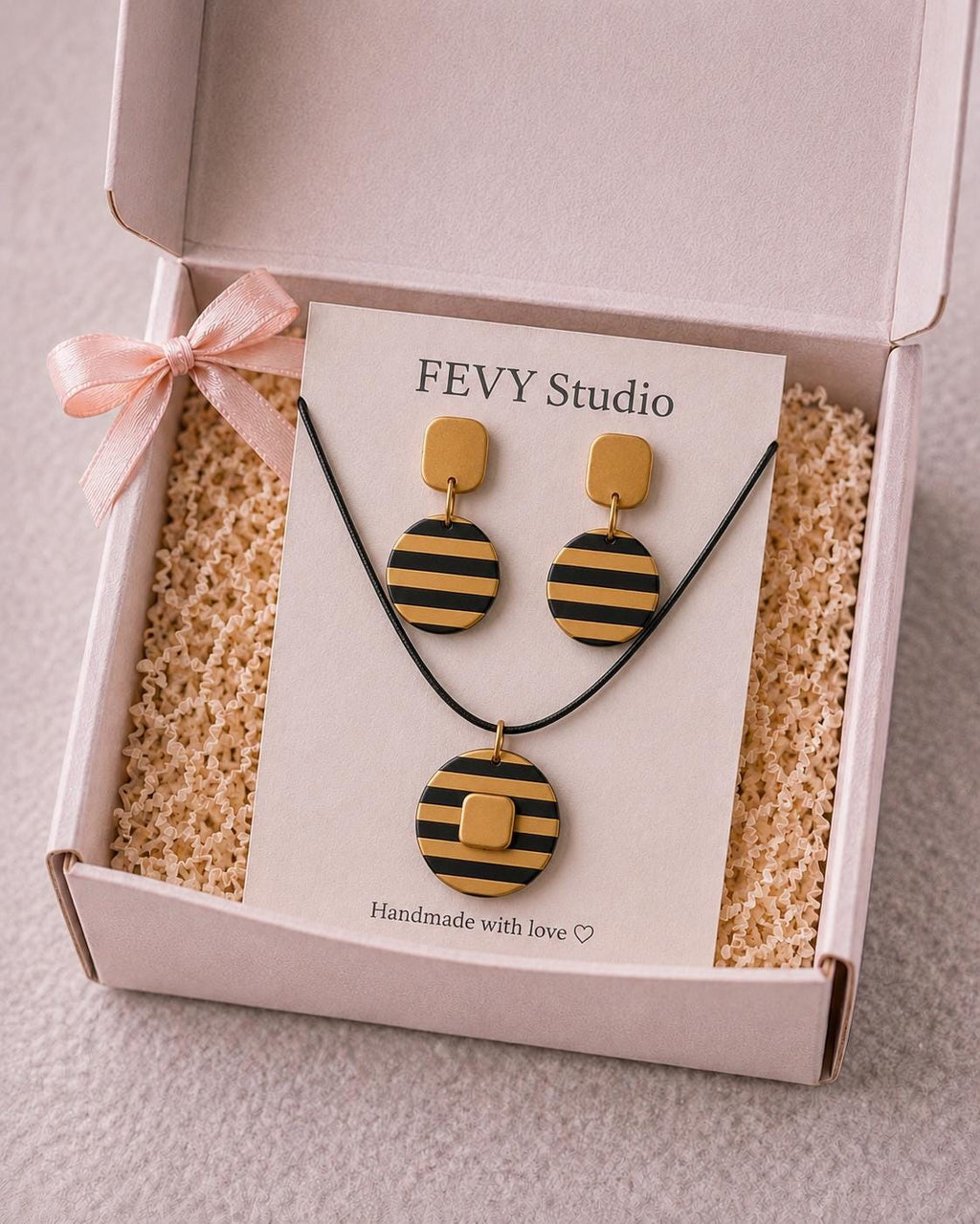 Handmade Polymer Clay Jewelry Set, Black Gold Stripe Modern Boho Necklace Earrings