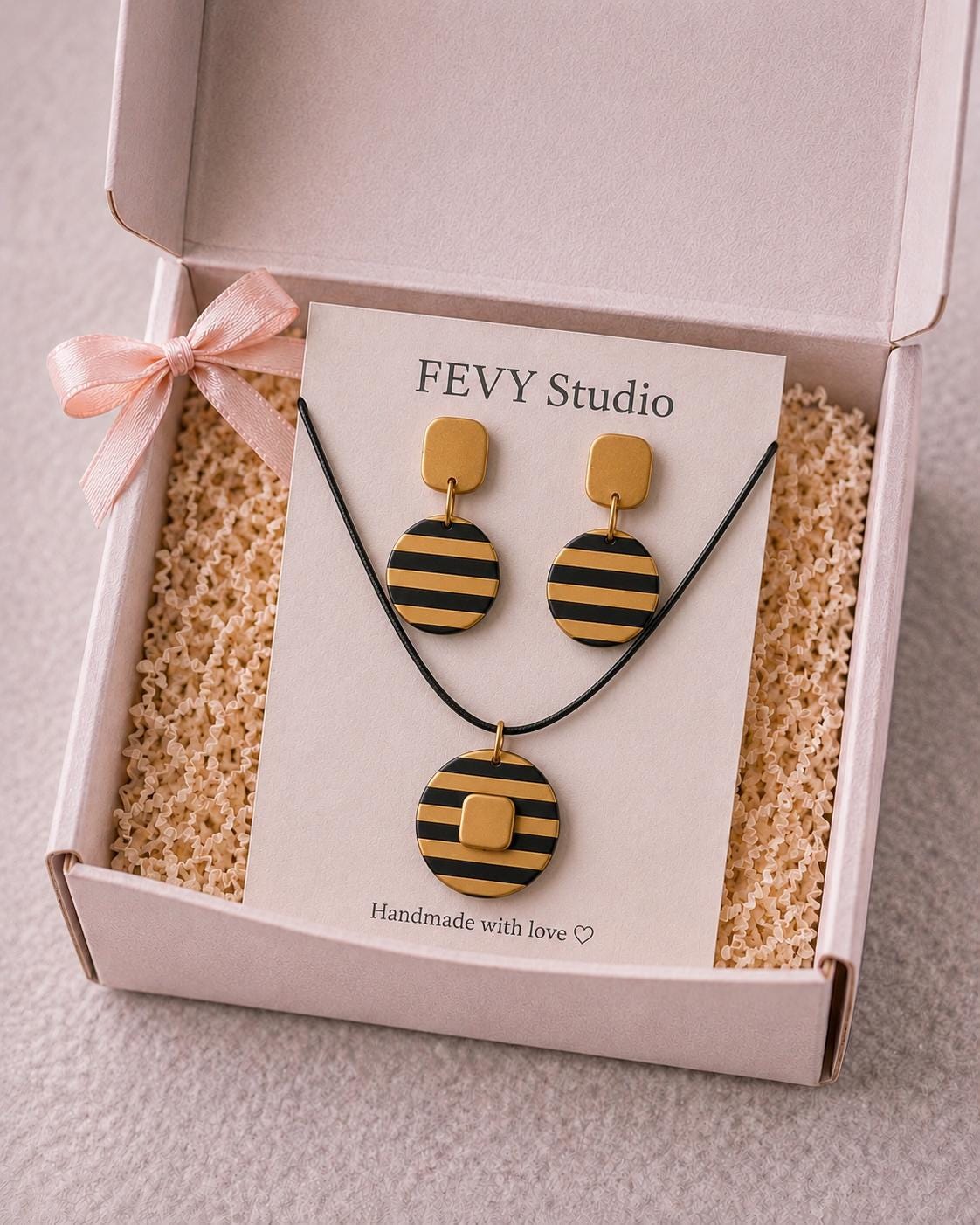 Handmade Polymer Clay Jewelry Set, Black Gold Stripe Modern Boho Necklace Earrings