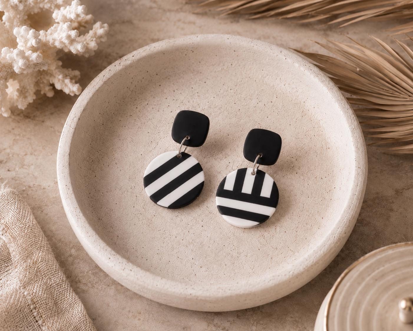 Asymmetrical Black and White Earrings | Handmade Polymer Clay Earrings | Geometric Statement Earrings | Lightweight Modern Jewelry
