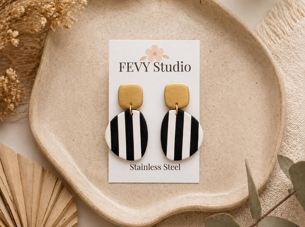 Black White Stripe Polymer Clay Earrings, Gold Accent Geometric Statement, Lightweight Stainless Steel