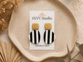 Black White Stripe Polymer Clay Earrings, Gold Accent Geometric Statement, Lightweight Stainless Steel
