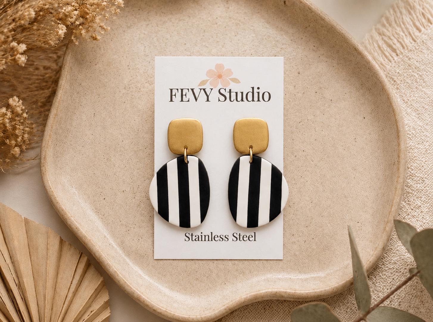 Black White Stripe Polymer Clay Earrings, Gold Accent Geometric Statement, Lightweight Stainless Steel
