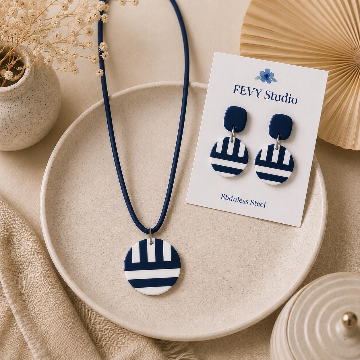 Nautical Navy Blue & White Statement Earrings | Handmade Polymer Clay Earrings | Lightweight Coastal Jewelry | Stainless Steel Posts