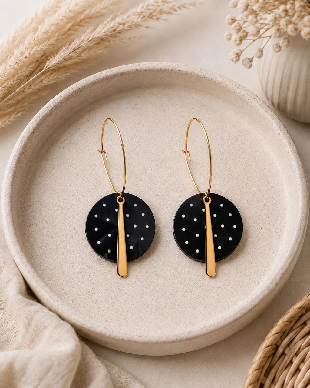 Black White Polka Dot Earrings, Lightweight Polymer Clay Earrings, Stainless Steel Hoop Earrings, Modern Dangle Earrings, Minimalist Gift