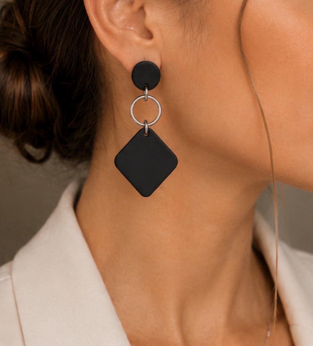 Black Geometric Polymer Clay Earrings, Lightweight Handmade Earrings, Stainless Steel Dangle Earrings, Minimalist Modern Jewelry Gift