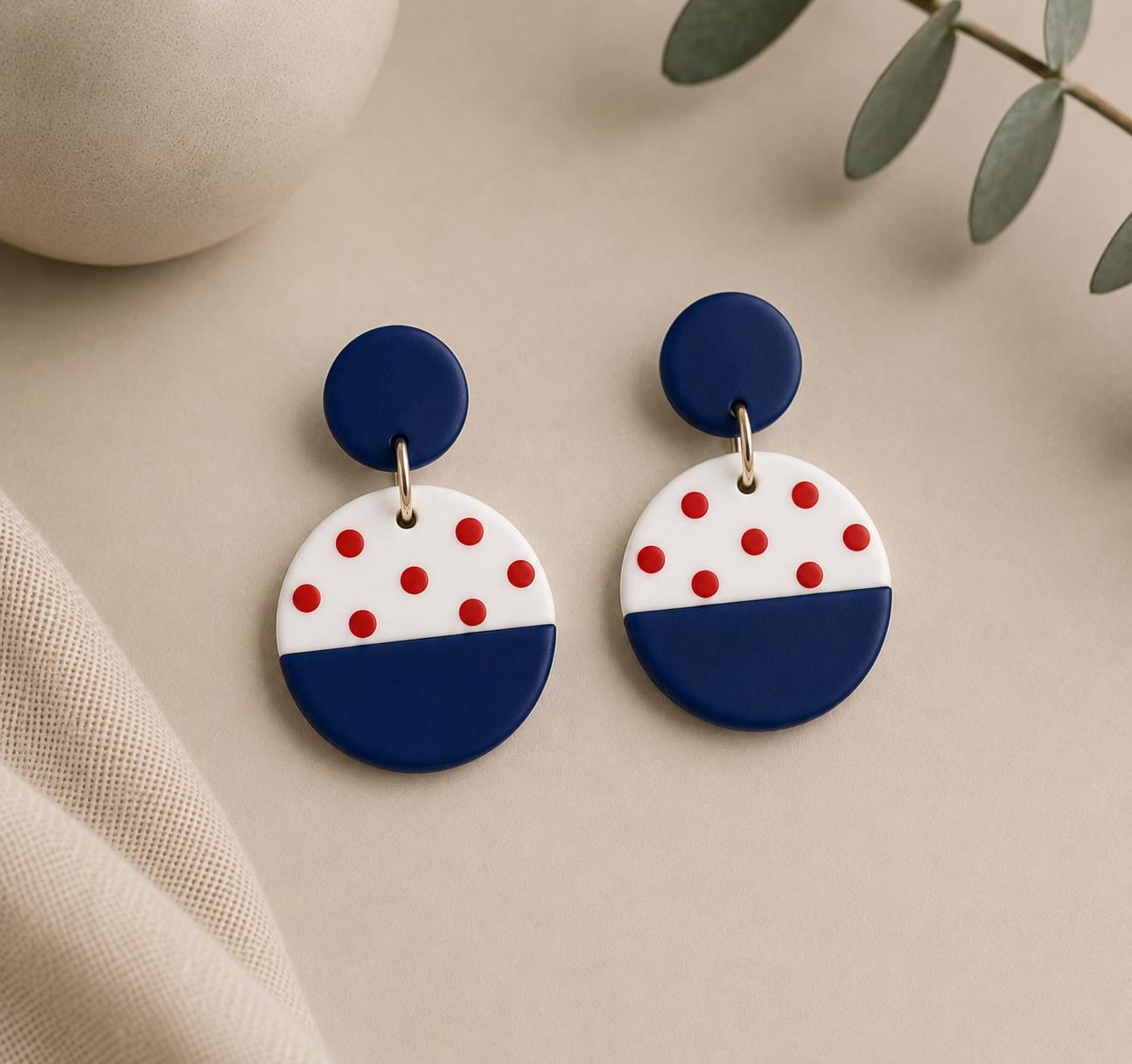 Patriotic Polka Dot Earrings, Red White Blue Earrings, Handmade Polymer Clay Earrings, Lightweight Dangle Earrings, USA Jewelry Gift
