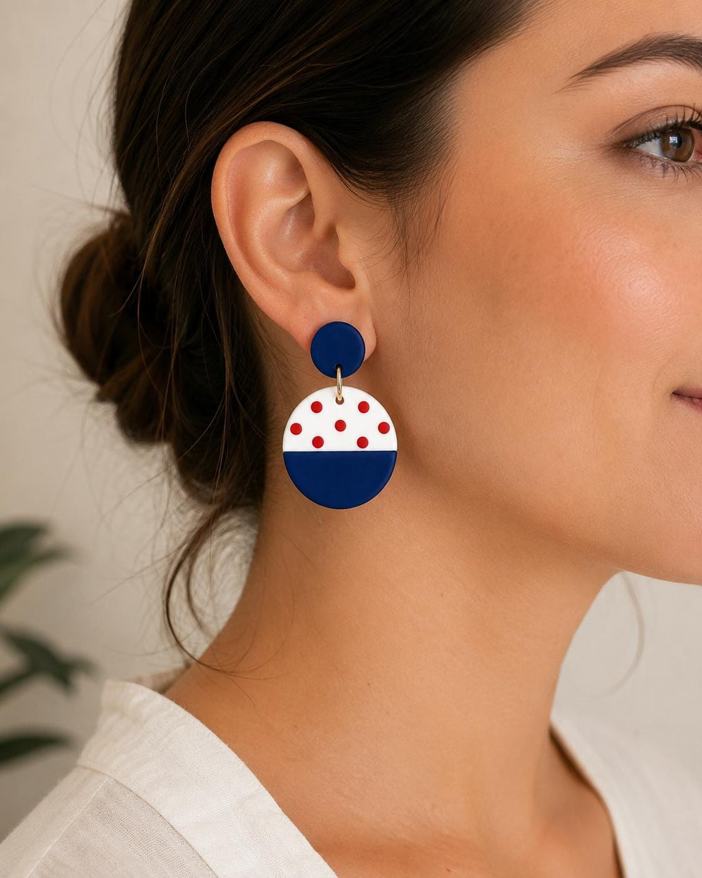 Patriotic Polka Dot Earrings, Red White Blue Earrings, Handmade Polymer Clay Earrings, Lightweight Dangle Earrings, USA Jewelry Gift