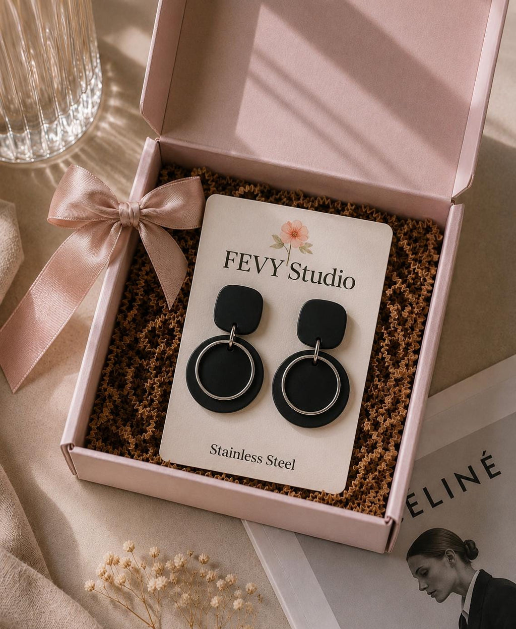 Black Statement Earrings for Women, Polymer Clay Earrings, Stainless Steel Dangle Earrings, Modern Geometric Earrings, Lightweight Handmade