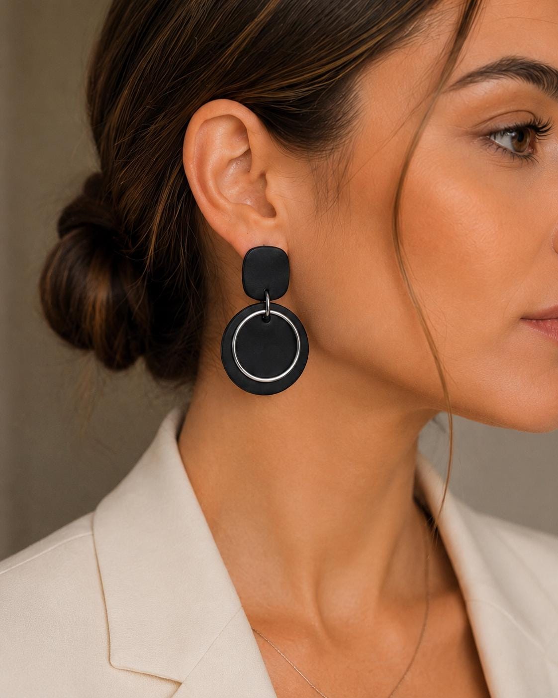 Black Statement Earrings for Women, Polymer Clay Earrings, Stainless Steel Dangle Earrings, Modern Geometric Earrings, Lightweight Handmade
