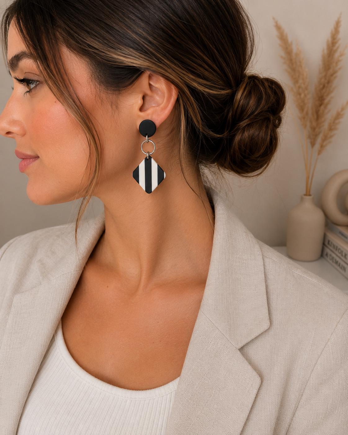 Black and White Stripe Polymer Clay Earrings, Geometric Dangle Earrings, Lightweight Statement Earrings, Stainless Steel Earrings, Handmade