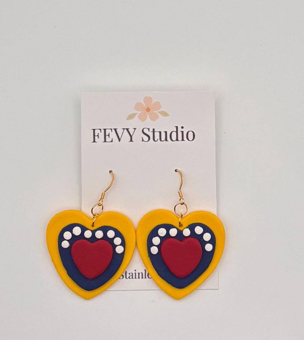 Handmade Polymer Clay Heart Earrings – Venezuelan Flag Colors, Patriotic Dangle Jewelry