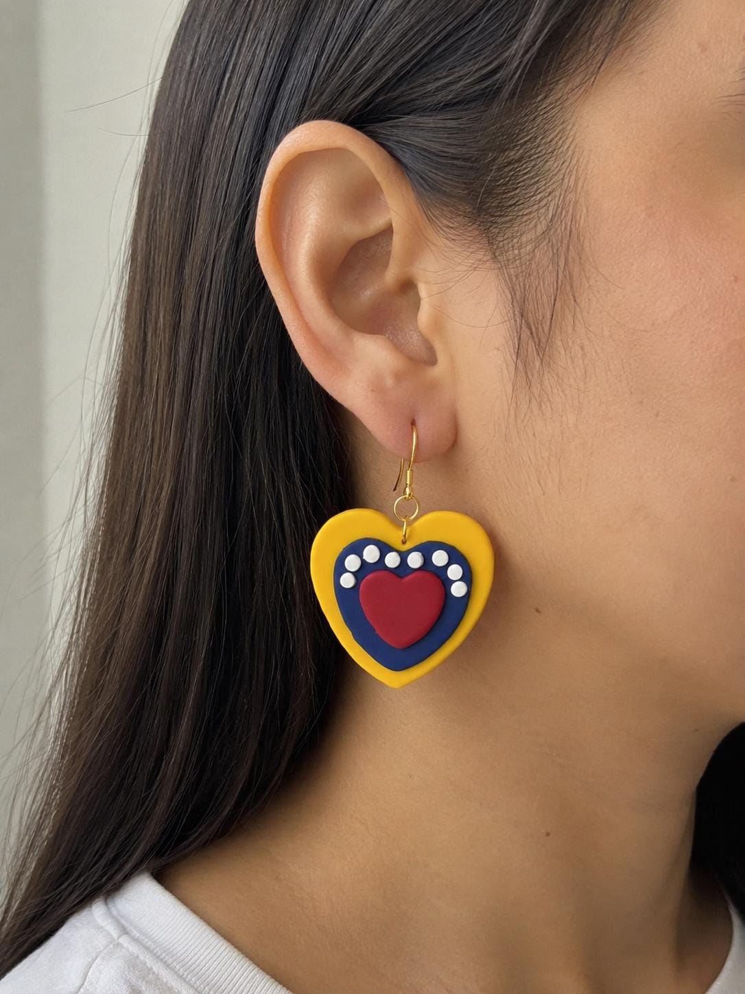 Handmade Polymer Clay Heart Earrings – Venezuelan Flag Colors, Patriotic Dangle Jewelry