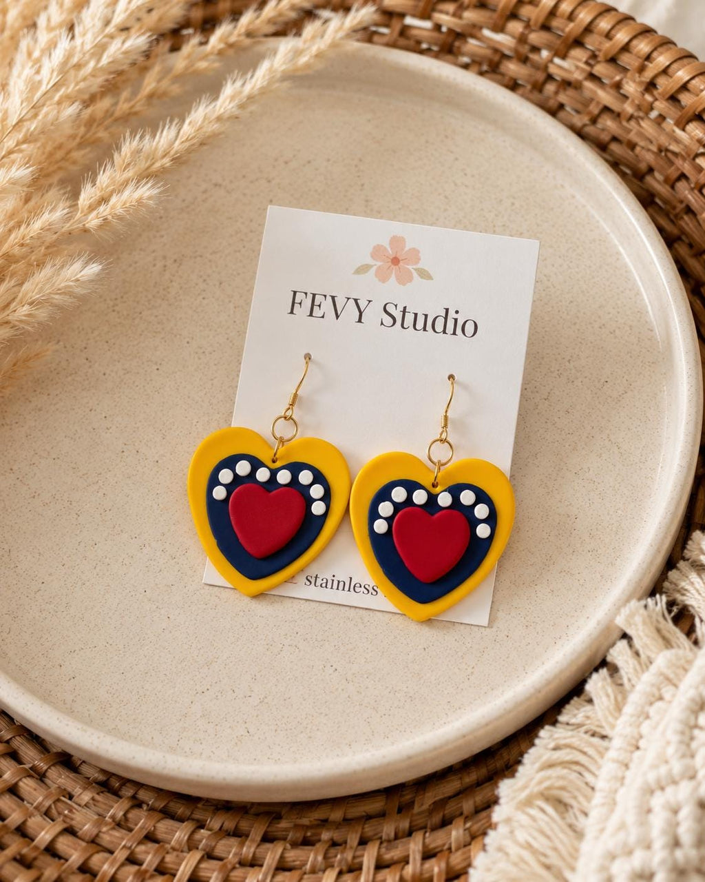 Handmade Polymer Clay Heart Earrings – Venezuelan Flag Colors, Patriotic Dangle Jewelry