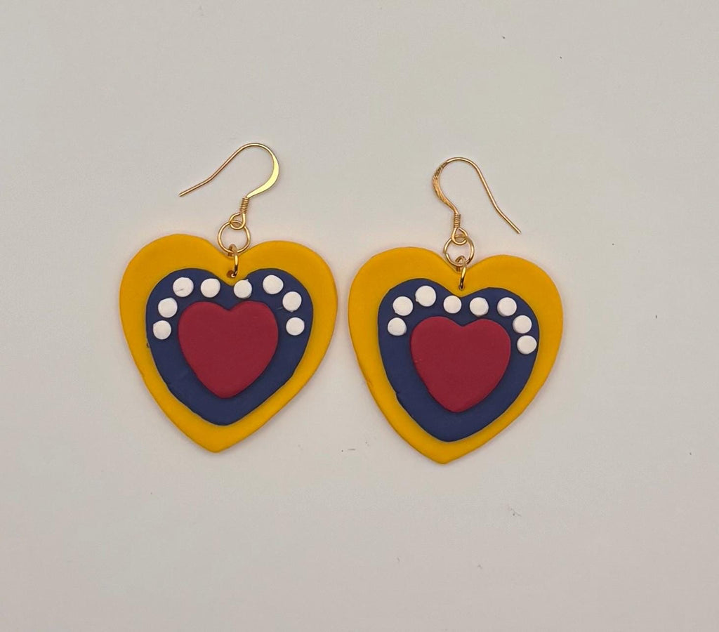 Handmade Polymer Clay Heart Earrings – Venezuelan Flag Colors, Patriotic Dangle Jewelry