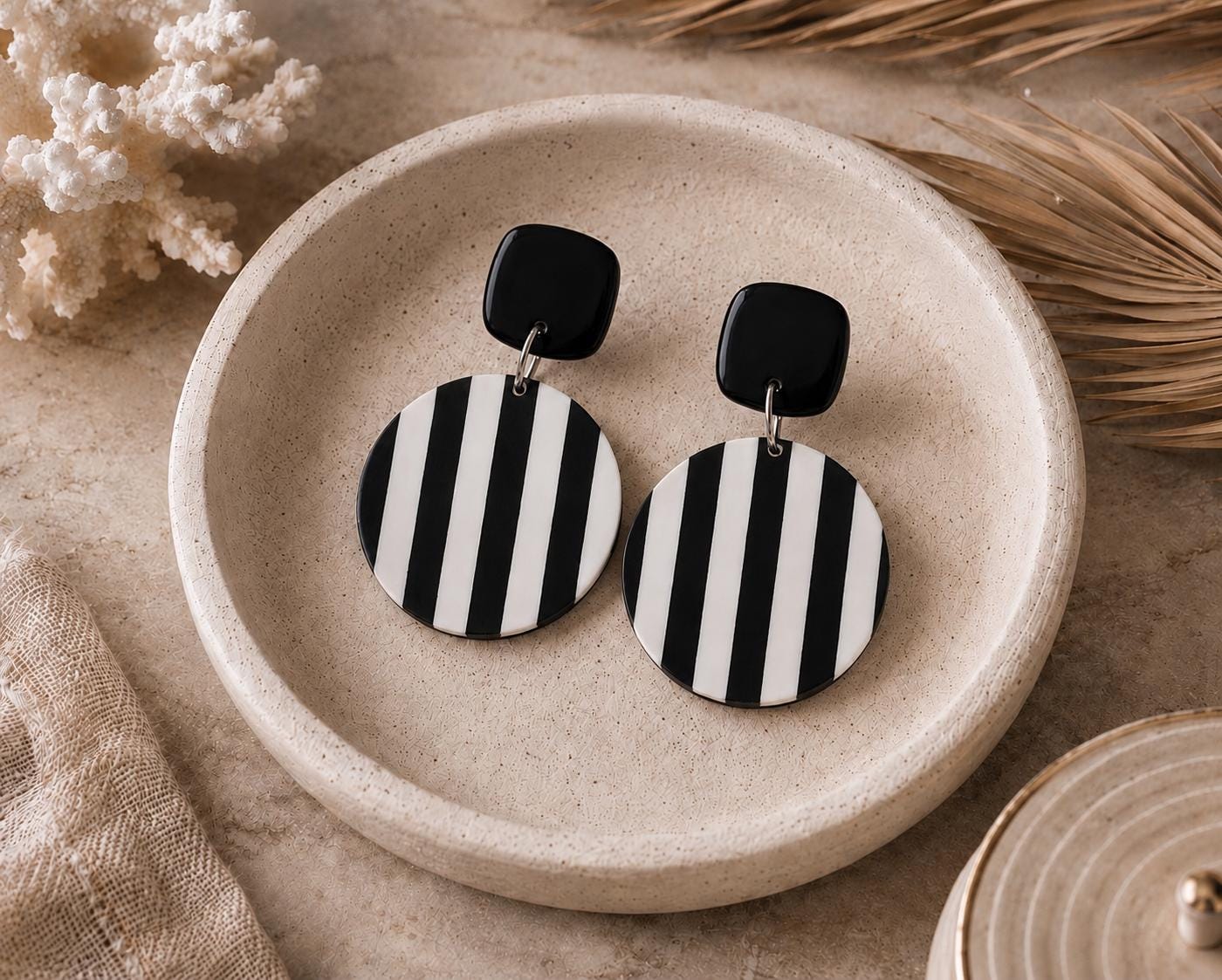 Black White Striped Polymer Clay Statement Earrings, Lightweight Geometric Dangle, Modern Design