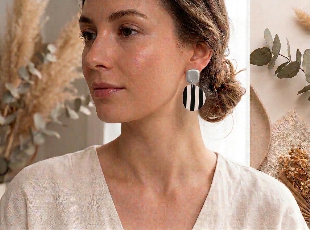 Black White Striped Polymer Clay Dangle Earrings | Modern Geometric Statement Jewelry