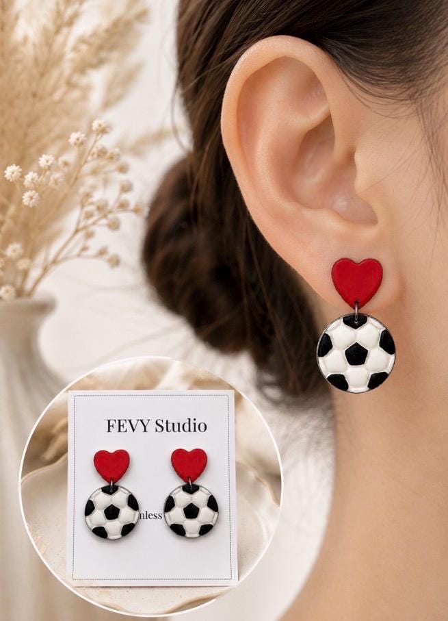Polymer Clay Soccer Heart Dangle Earrings, Game Day Sports Jewelry