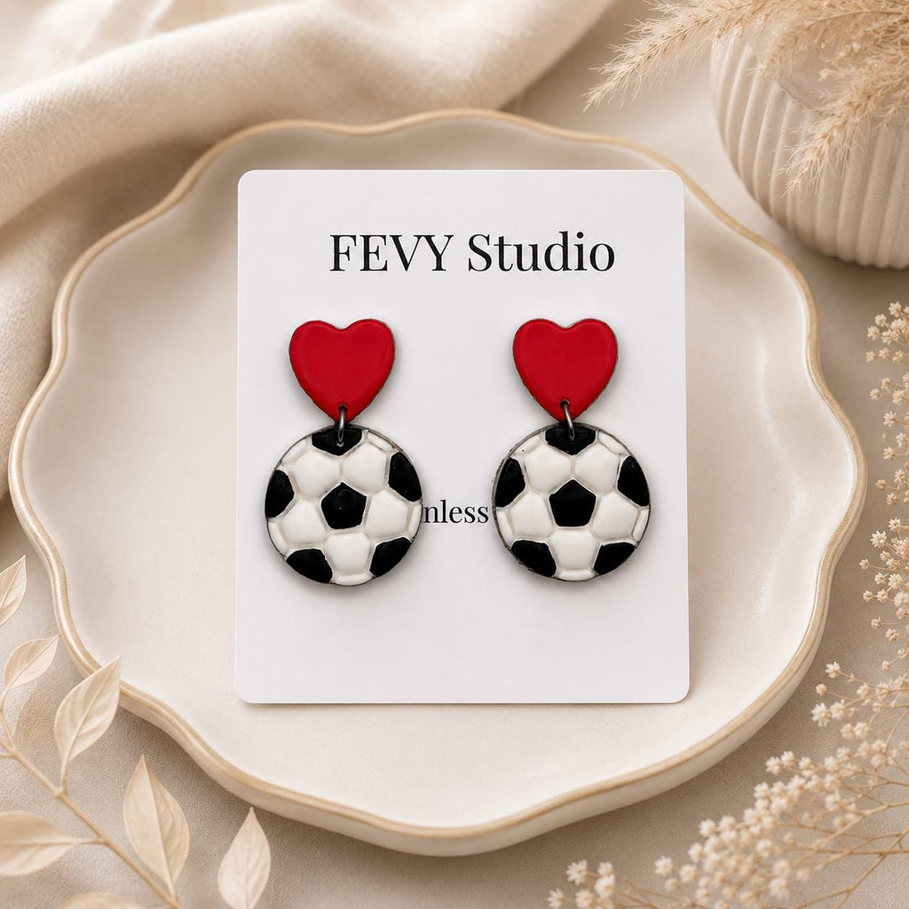 Polymer Clay Soccer Heart Dangle Earrings, Game Day Sports Jewelry