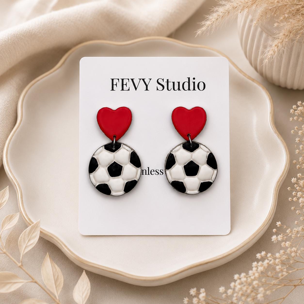 Polymer Clay Soccer Heart Dangle Earrings, Game Day Sports Jewelry