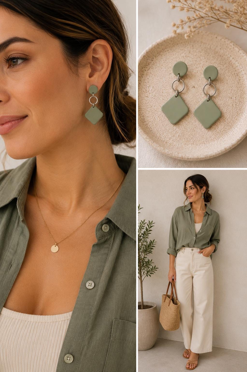 Sage Green Polymer Clay Earrings, Minimalist Dangle Earrings, Stainless Steel Earrings, Lightweight Handmade Earrings, Modern Geometric